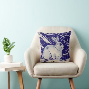 Winter Snow Rabbit Blue White Christmas Throw Pillow