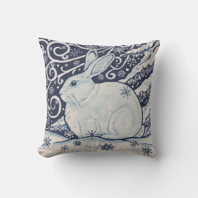 Winter Snow Rabbit Navy Blue Snowflakes Painting Throw Pillow (Front)