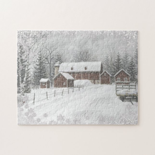 Winter Snow Red Barn Farm Jigsaw Puzzle (Horizontal)