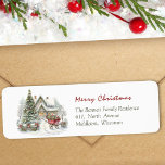 Winter Snow Red Barrow Green Christmas Address Label<br><div class="desc">A gorgeous Nordic winter scene with snow,  a cottage visible outside a window decorated with blue foliage.</div>