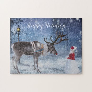 Winter Snow Reindeer Happy Holidays Christmas Jigsaw Puzzle by UniqueChristmasGifts at Zazzle