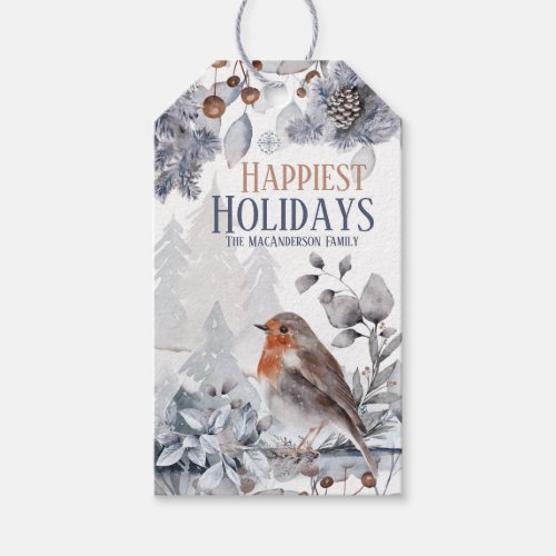 Winter snow robin bird country forest landscape gift tags