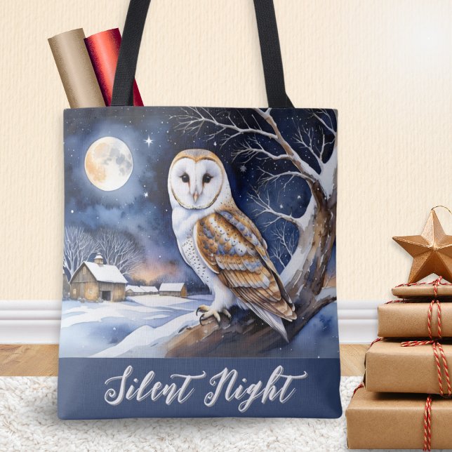 Winter Snow Scene Barn Owl Tote Bag (A stylish tote bag with picture of a barn owl in a winter snow scene and words 'Silent Night')