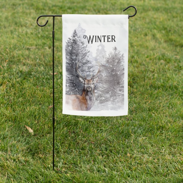 Winter Snow Scene Buck Deer Rustic Garden Flag (In SItu)