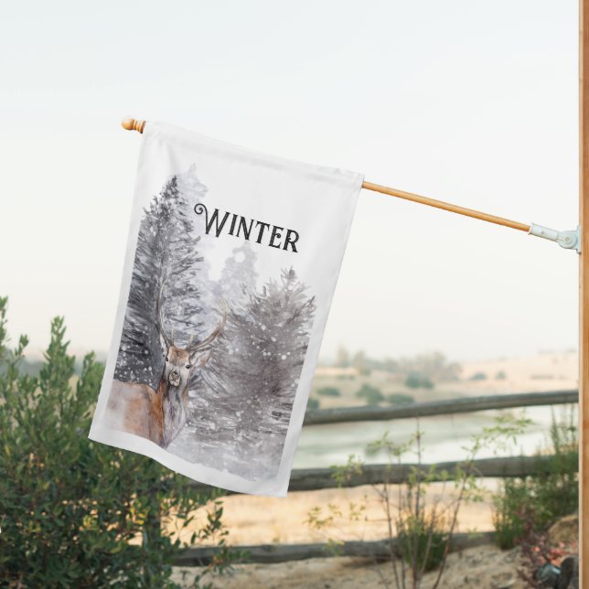 Winter Snow Scene Buck Deer Rustic House Flag (Insitu (Back))