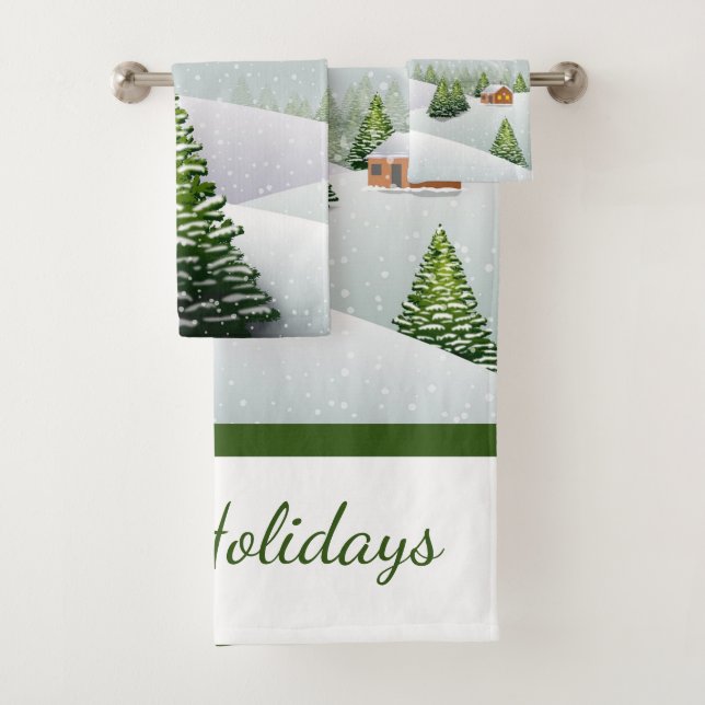 Winter Snow Scene Christmas Holiday Bath Towel Set (Insitu)