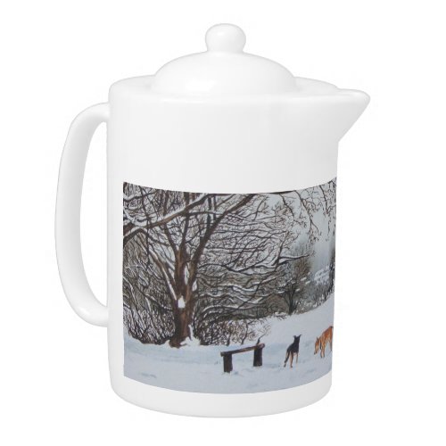 Winter snow scene landscape with dogs teapot