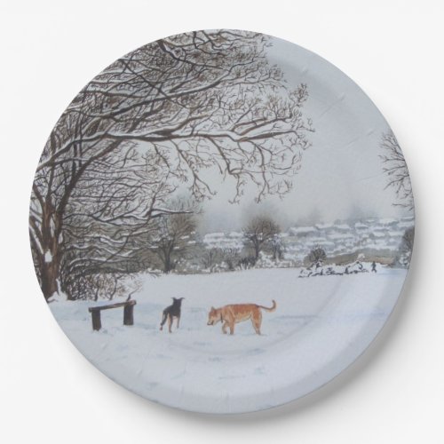 Winter snow scene landscape with trees dogs  paper plates
