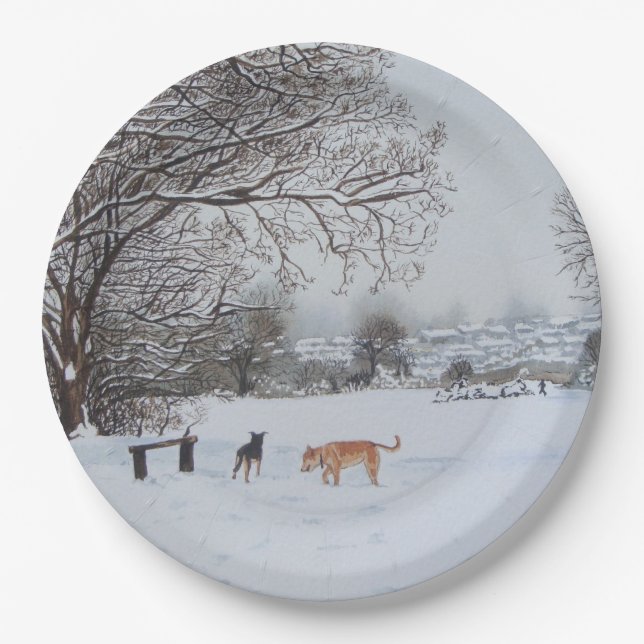 Winter snow scene landscape with trees dogs  paper plates (Front)