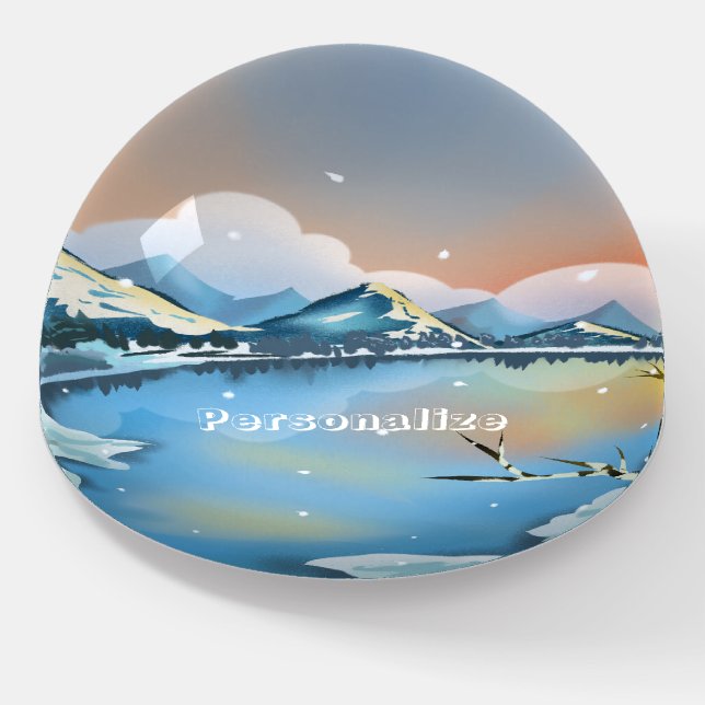 Winter Snow Scene Mountains Blue Lake Outdoors Paperweight (Angled)
