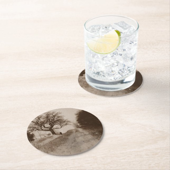 winter snow scene photographic art round paper coaster (Insitu)