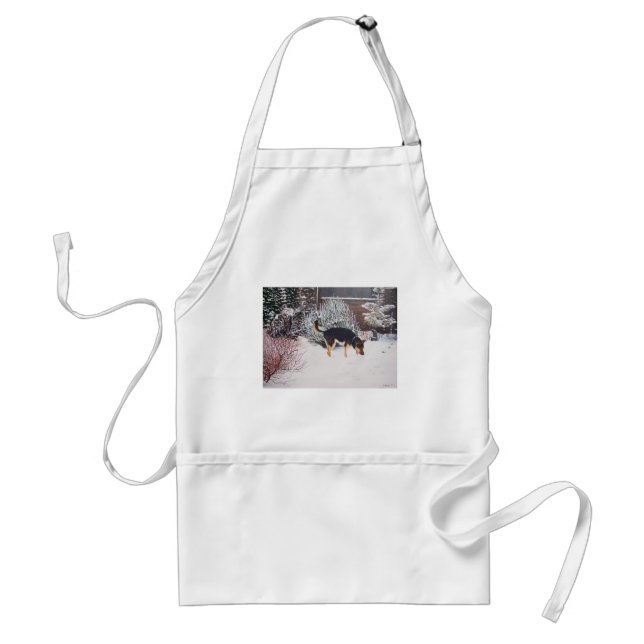 Winter snow scene with cute black and tan dog adult apron (Front)