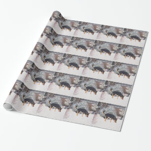 Winter snow scene with cute black and tan dog art wrapping paper
