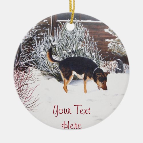 Winter snow scene with cute black and tan dog ceramic ornament