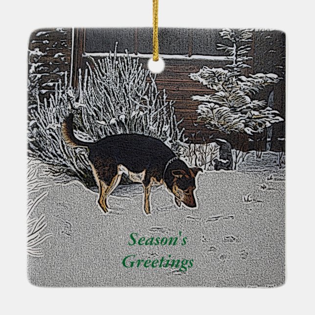 winter snow scene with cute black and tan dog ceramic ornament (Back)