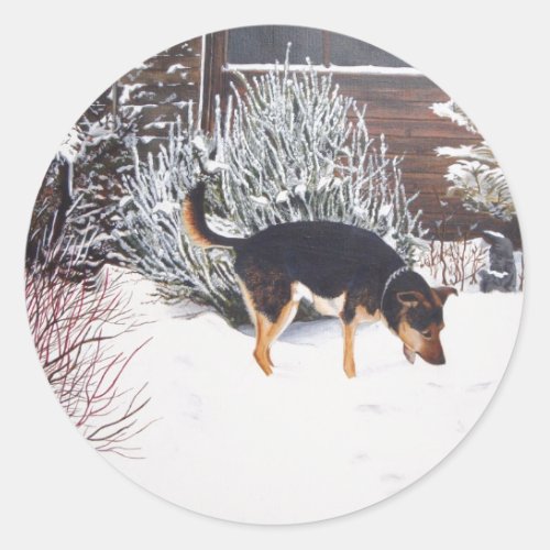 Winter snow scene with cute black and tan dog classic round sticker