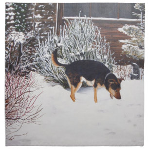 Winter snow scene with cute black and tan dog cloth napkin