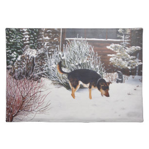 Winter snow scene with cute black and tan dog cloth placemat