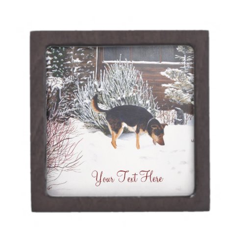 Winter snow scene with cute black and tan dog gift box