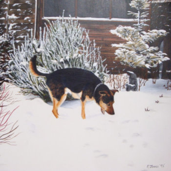 Winter Snow Scene With Cute Black And Tan Dog Jigsaw Puzzle by artoriginals at Zazzle
