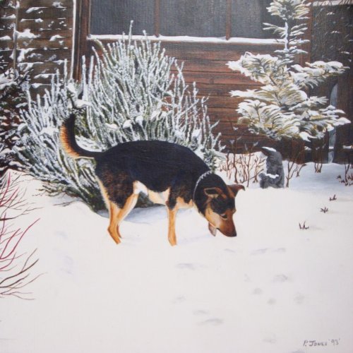 Winter snow scene with cute black and tan dog jigsaw puzzle