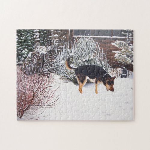 Winter snow scene with cute black and tan dog jigsaw puzzle