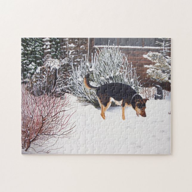 Winter snow scene with cute black and tan dog jigsaw puzzle (Horizontal)