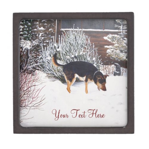 Winter snow scene with cute black and tan dog keepsake box