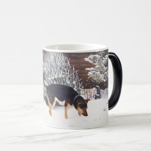 Winter snow scene with cute black and tan dog magic mug