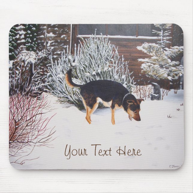 Winter snow scene with cute black and tan dog mouse pad (Front)