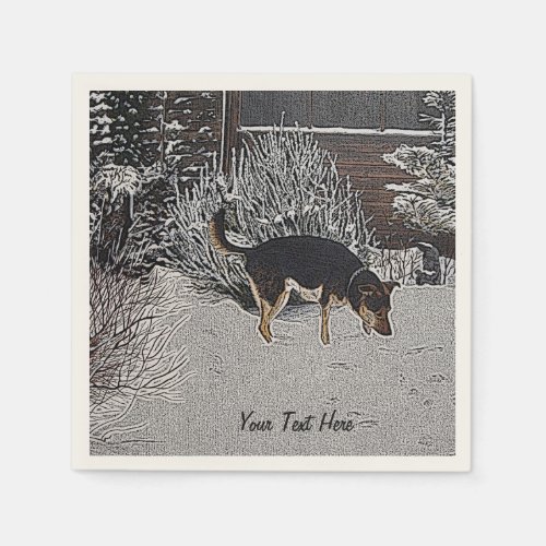 Winter snow scene with cute black and tan dog paper napkins