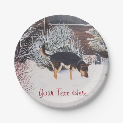 Winter snow scene with cute black and tan dog paper plates