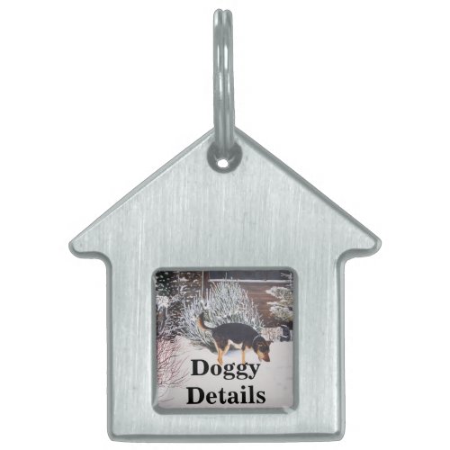 Winter snow scene with cute black and tan dog pet ID tag
