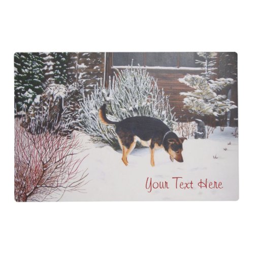 Winter snow scene with cute black and tan dog placemat