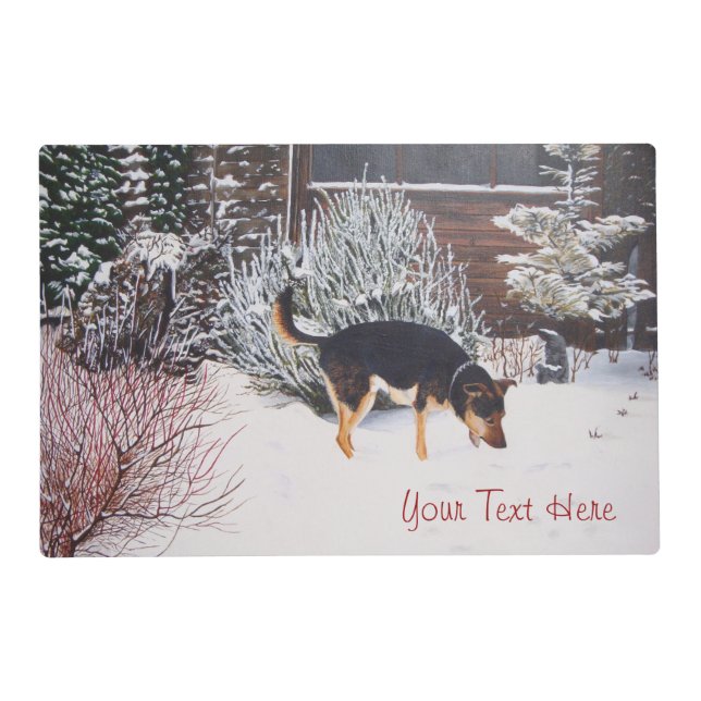 Winter snow scene with cute black and tan dog placemat (Front)