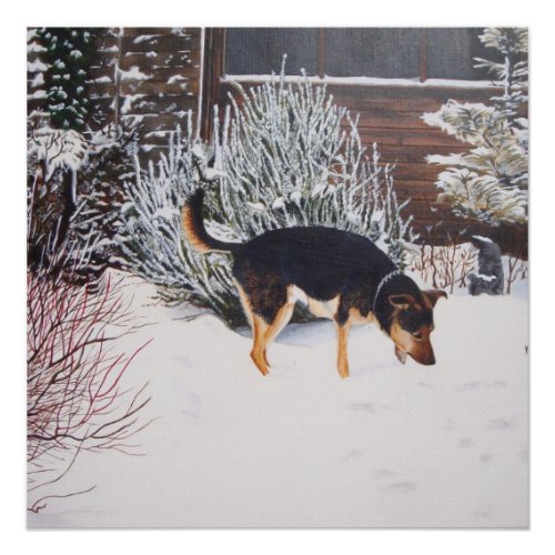 Winter snow scene with cute black and tan dog poster