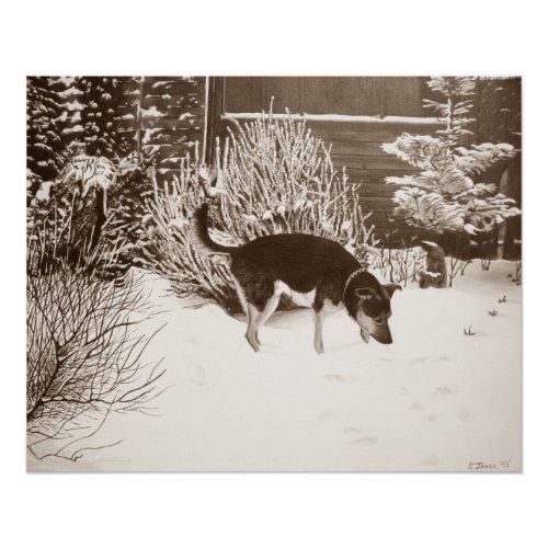 Winter snow scene with cute black and tan dog poster