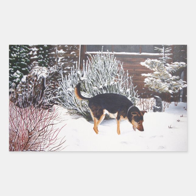 Winter snow scene with cute black and tan dog rectangular sticker (Front)