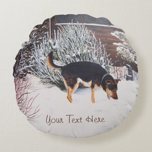 Winter snow scene with cute black and tan dog round pillow (Front)