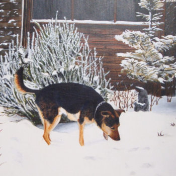 Winter Snow Scene With Cute Black And Tan Dog Sandstone Coaster by artoriginals at Zazzle