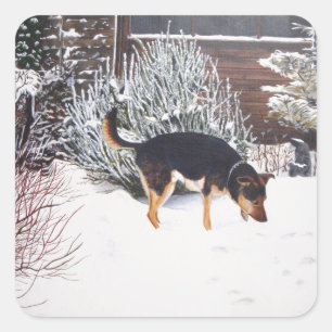 Winter snow scene with cute black and tan dog square sticker