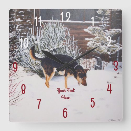 Winter snow scene with cute black and tan dog square wall clock