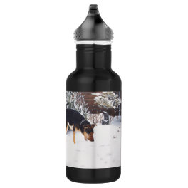 Winter snow scene with cute black and tan dog stainless steel water bottle