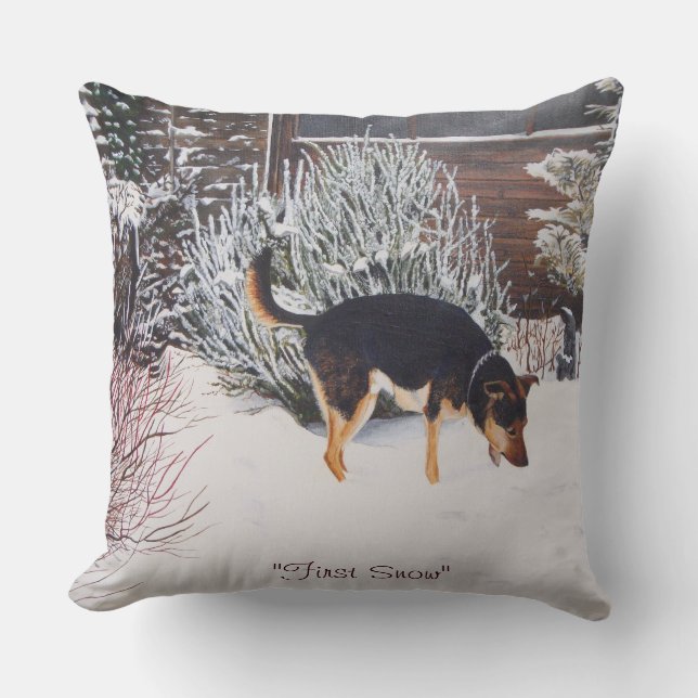 Winter snow scene with cute black and tan dog throw pillow (Front)