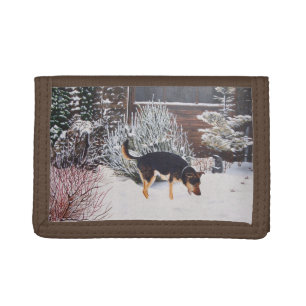 Winter snow scene with cute black and tan dog trifold wallet