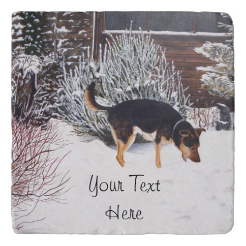 Winter snow scene with cute black and tan dog trivet