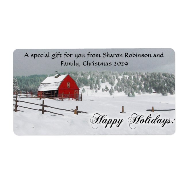 Winter Snow Scene with Red Barn, Happy Holidays Label (Front)