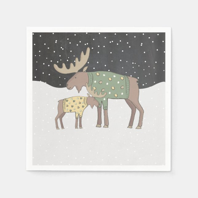 Winter snow Shower mama and baby moose napkins (Front)