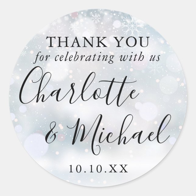 Winter Snow Signature Wedding Favor Thank You Classic Round Sticker (Front)