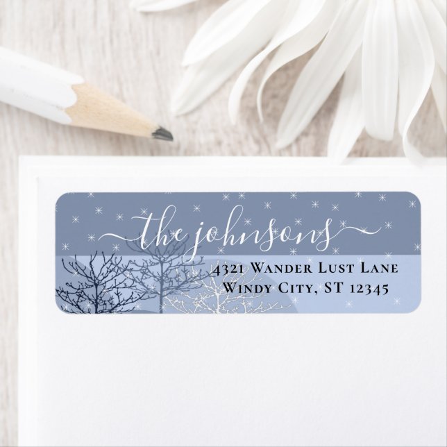 Winter Snow Simple Modern 3 Blue Trees Stars Label (Insitu)
